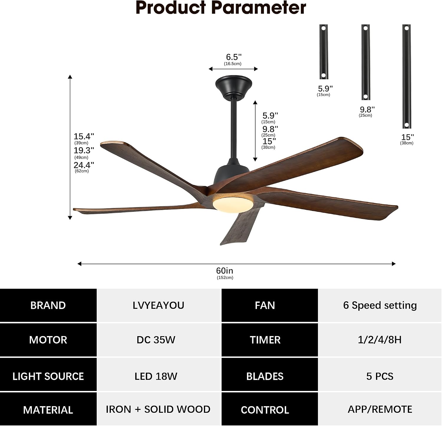 60' DC Ceiling Fan with Light, Solid Wood Ceiling Fan with Remote and APP Control, 3-color Dimmable, 6-speed Reversible Fans for Bedroom, Living Room, Dark Walnut