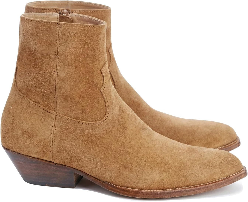 Santimon Men's Top-Grain Leather Western Ankle Chelsea Boots – Suede & Leather Dress Boots with Low Cuban Heel & Side Zip for Casual, Party, Rodeo,Disco & Everyday Wear