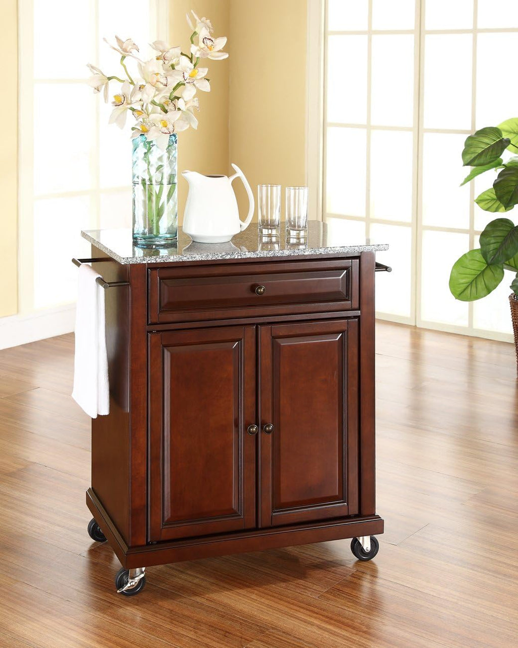Crosley Furniture Compact Granite Top Small Rolling Cart with Shelves, Microwave Stand with Towel Rack, Mahogany