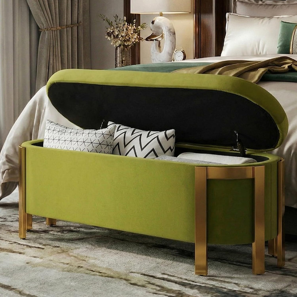 Hyfirm 48' Velvet Storage Ottoman Bench, Olive Green Upholstered End of Bed Bench with Gold Legs, Long Bedroom Bench with Hidden Storage for Living Room, Entryway, Hallway