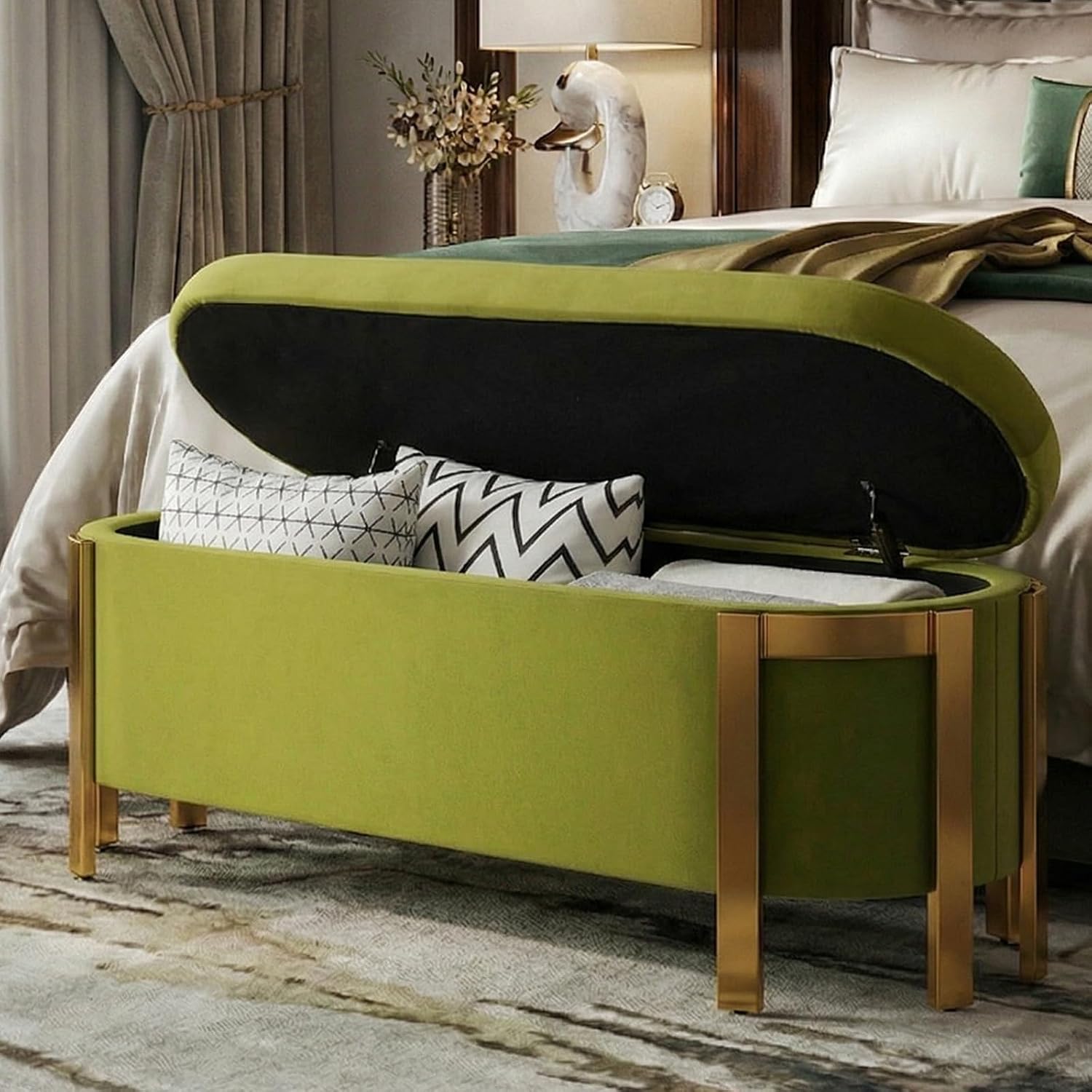 Hyfirm 48' Velvet Storage Ottoman Bench, Olive Green Upholstered End of Bed Bench with Gold Legs, Long Bedroom Bench with Hidden Storage for Living Room, Entryway, Hallway