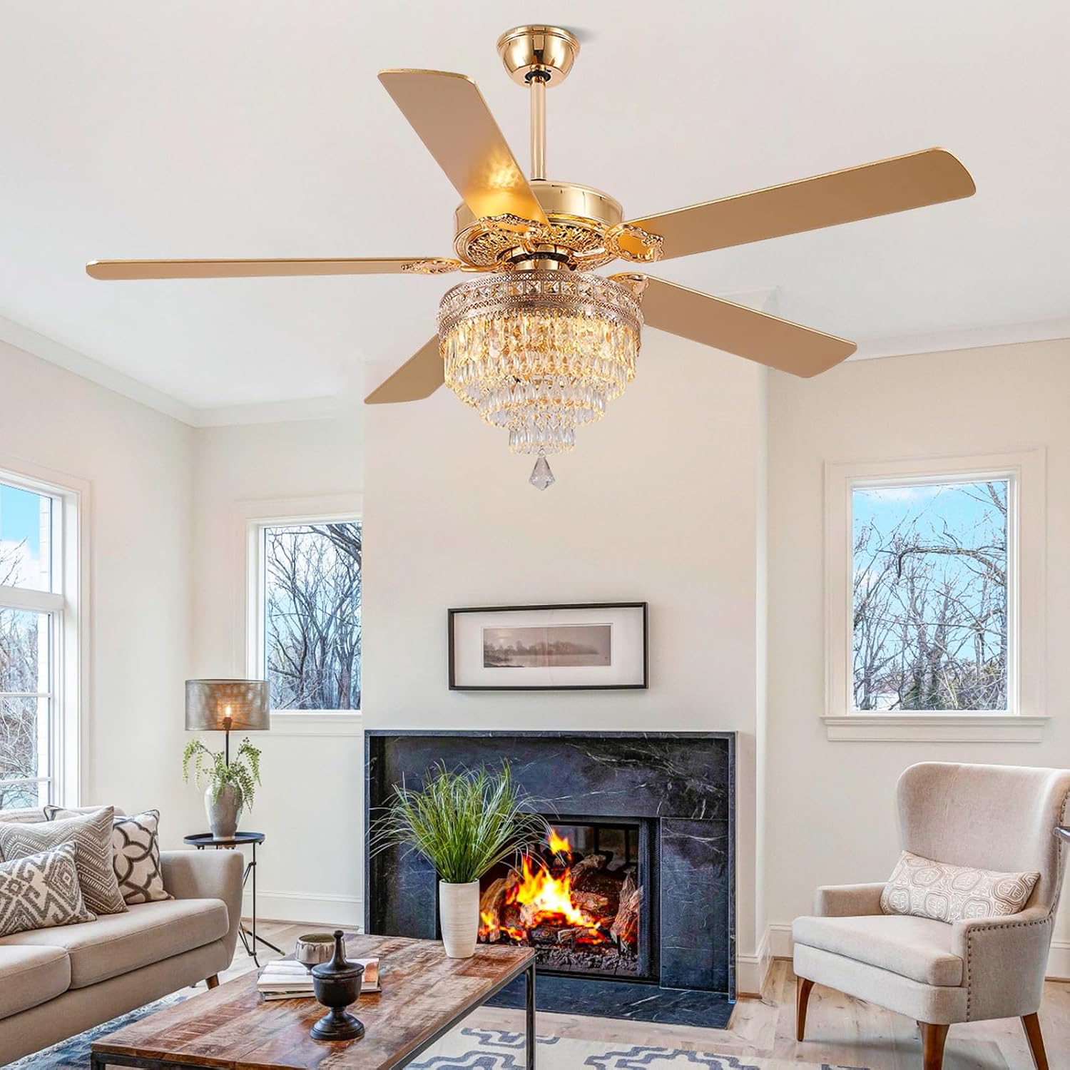 Asyko 62' Golden Crystal Ceiling Fan Fandelier with Lights - Modern Chandelier Fans with Remote Control，Noiseless DC Motor, Retro/Farmhouse Lighting, Dining Room,Living Room