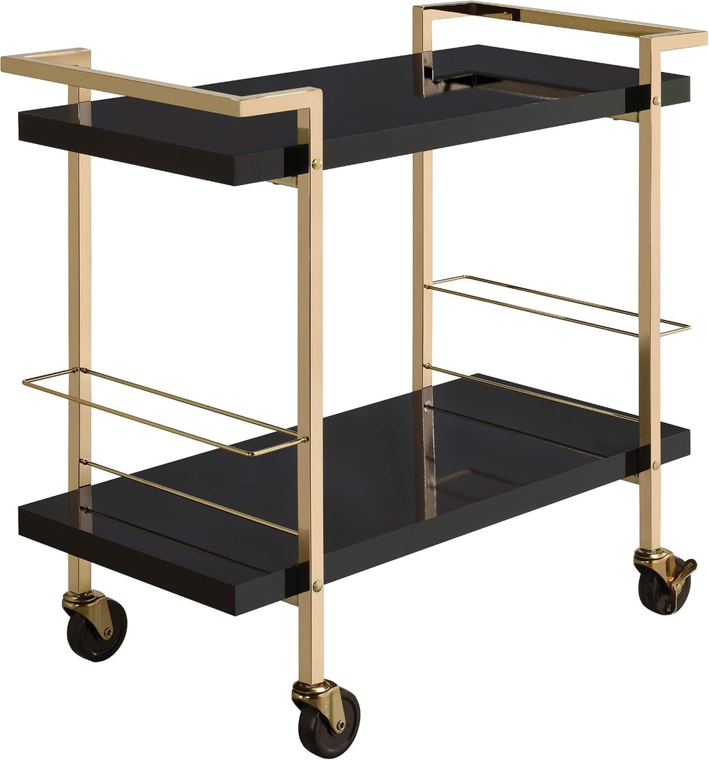 OSP Home Furnishings Alios Modern Serving Cart, Black Gloss Finish and Gold Frame