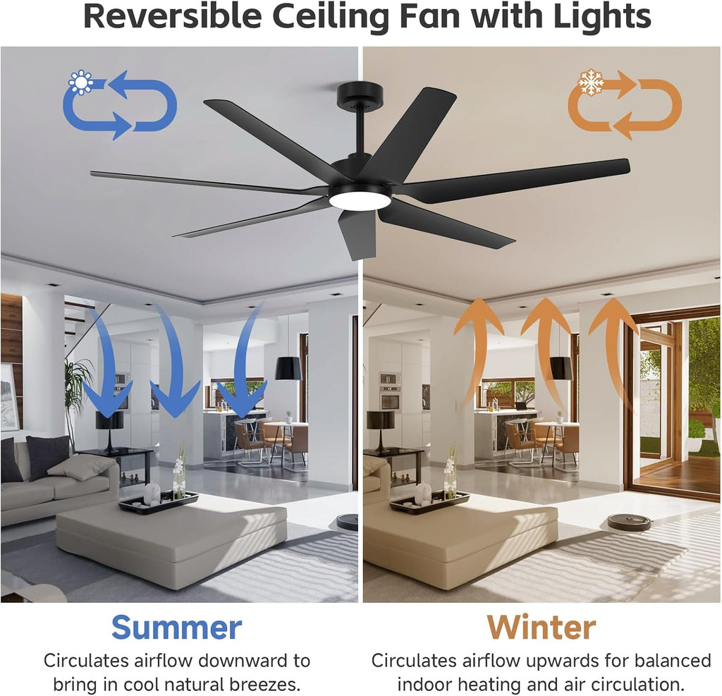 65 Inch Outdoor Ceiling Fans for Patios with Lights, Modern Black Smart Ceiling Fan with Alexa/Remote Control, Wet Rated 7-Blade Large Outdoor Fan for Living Room Gazebo Garage, Quiet DC Motor