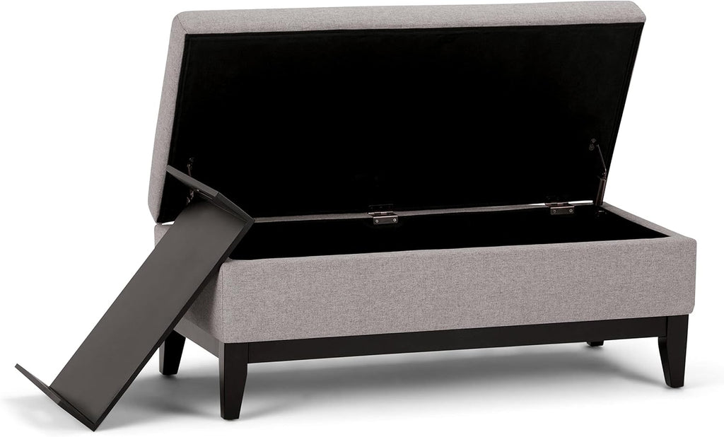 SIMPLIHOME Oregon Storage Ottoman Bench with Tray - 42 inch Wide Upholstered Linen Look Fabric Rectangle Storage Ottoman Bench in Cloud Grey, Transitional Tufted Ottoman for Living Room with Lift Top
