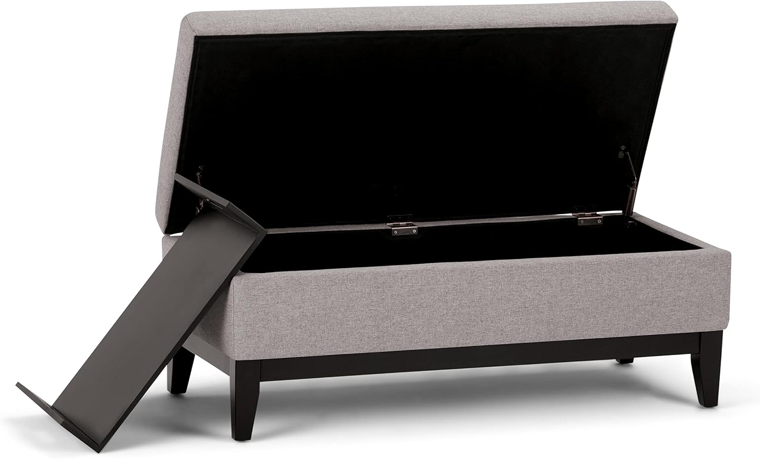 SIMPLIHOME Oregon Storage Ottoman Bench with Tray - 42 inch Wide Upholstered Linen Look Fabric Rectangle Storage Ottoman Bench in Cloud Grey, Transitional Tufted Ottoman for Living Room with Lift Top
