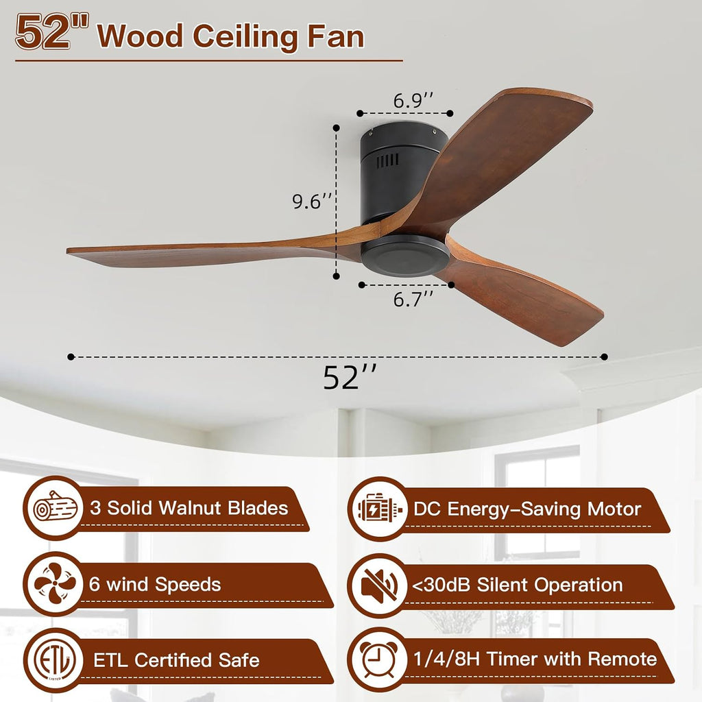 Sofucor 52' Low Profile Ceiling Fan with Remote Control, Outdoor Ceiling Fan No Light with 3 Walnut Blades, Multi-speed, Timer, Reversible DC Motor for Patio Living Room Bedroom Office Black