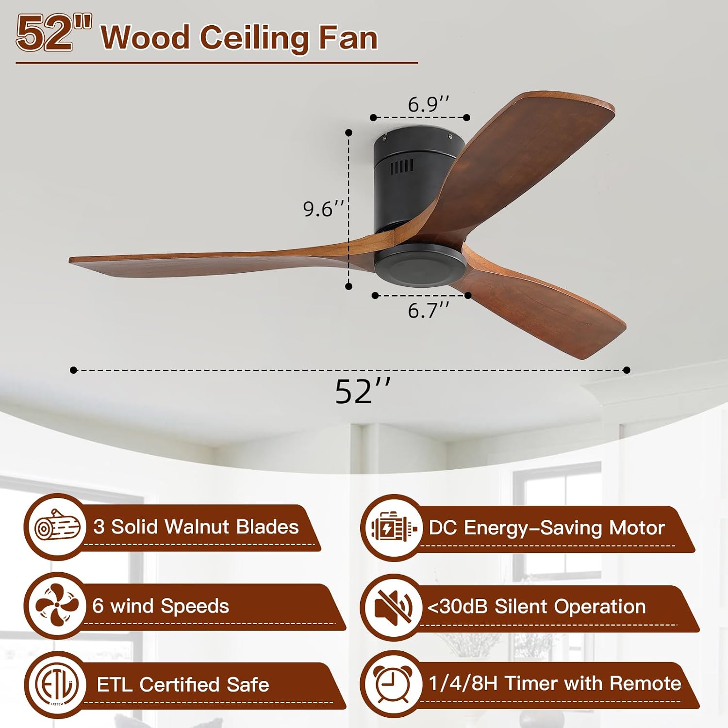 Sofucor 52' Low Profile Ceiling Fan with Remote Control, Outdoor Ceiling Fan No Light with 3 Walnut Blades, Multi-speed, Timer, Reversible DC Motor for Patio Living Room Bedroom Office Black