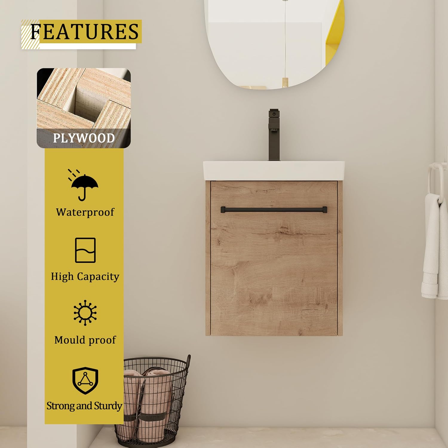 Glemab 17.31' Floating Wall-Mounted Bathroom Vanity, Bathroom Vanity with Ceramic Sink, Soft-Close Cabinet Door, Wall-Mounted Storage Cabinet with Ceramic Sink, Oak