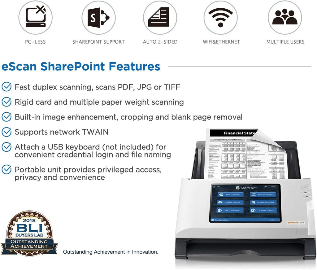 Plustek eScan SharePoint - Network Document Scanner Dedicated for Microsoft SharePoint and Office 365 – Standalone (PC-Less), 7' Color Touchscreen – 50-Sheet Automatic Document Feeder