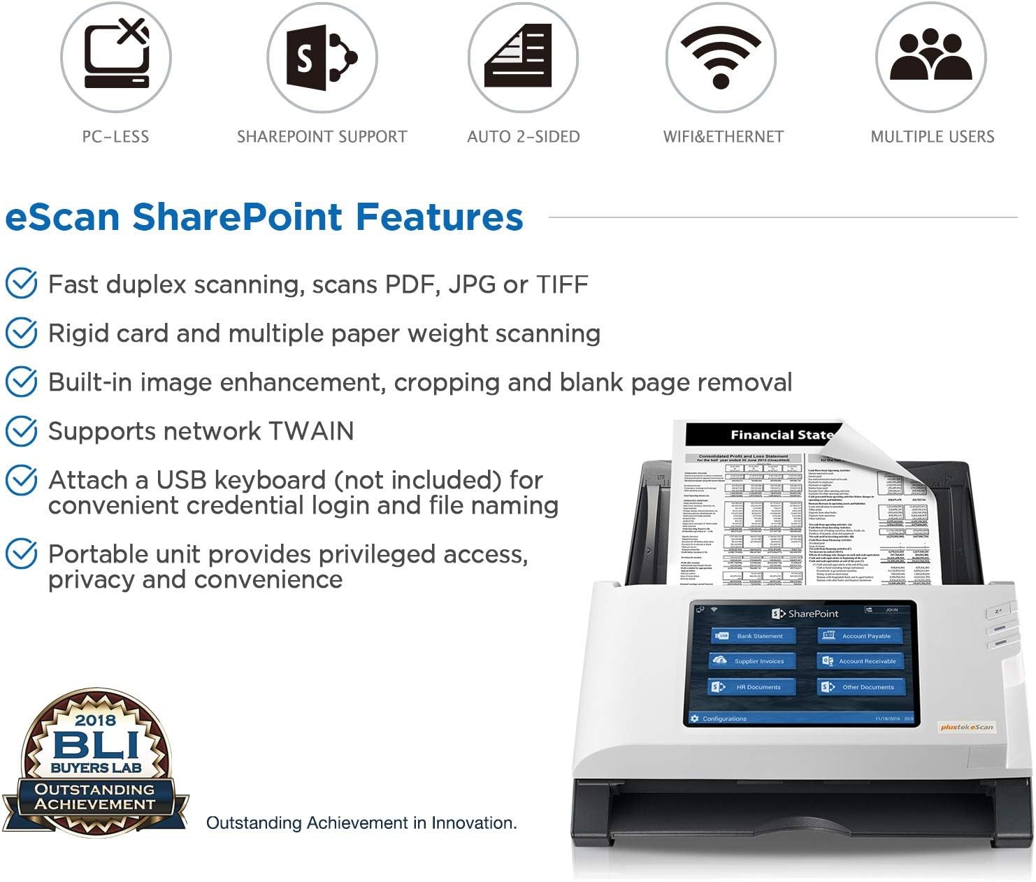 Plustek eScan SharePoint - Network Document Scanner Dedicated for Microsoft SharePoint and Office 365 – Standalone (PC-Less), 7' Color Touchscreen – 50-Sheet Automatic Document Feeder