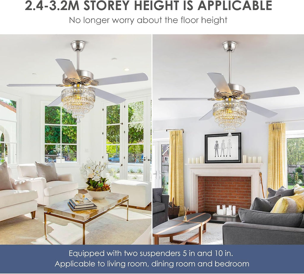 Asyko Crystal Ceiling Fan Fandelier with Lights and Remote Control，52' Modern Silver Chandelier Ceiling Fans with Reversible Blades, Silent Motor，Fandelier Ceiling Fan with Light Chrome
