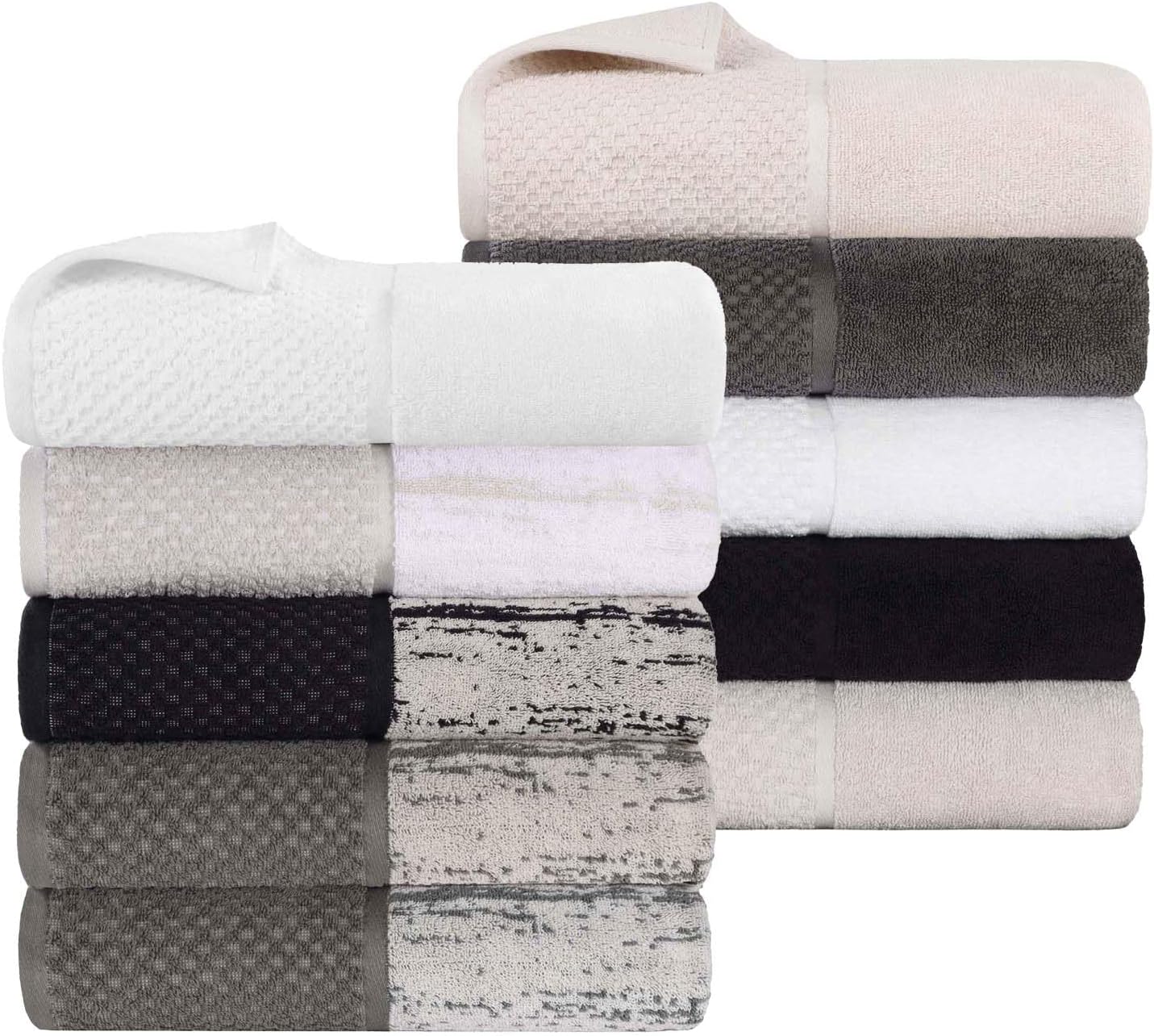 Superior Cotton 12 Piece Assorted Towel Set, Quick Dry, Bathroom Essentials, Shower, Spa, Soft Absorbent Towels, Includes 4 Bath, 4 Hand, 4 Washcloth/Face Towels, Lodie Collection, Stone-White