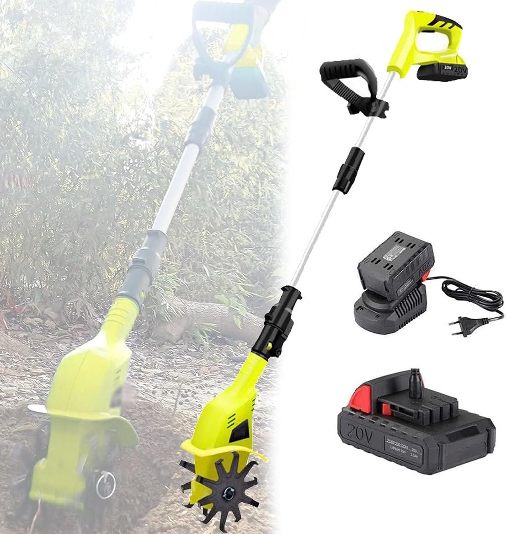 Electric Garden Rotavator, Cordless Tiller Cultivator with 2×4000mah Battery and Charger, 10.5cm Tilling Width, 25cm Working Depth for Soil Cultivation