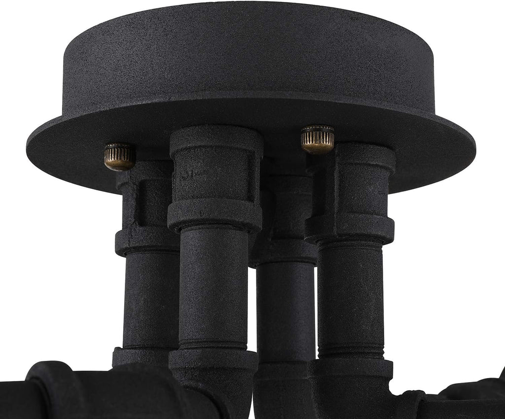 LITFAD Wrought Iron Pipe Semi Flush Light Industrial Wire Guard 4 Lights Ceiling Light Vintage Pendant Cage Lighting Edison Ceiling Chandelier in Black Finish for for Living Room Restaurant Cafe Bar