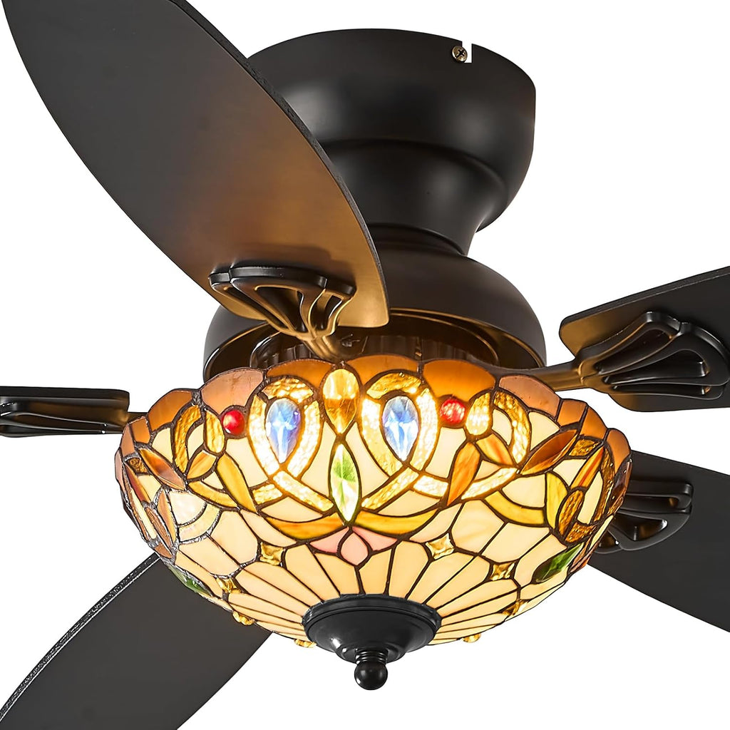 Tiffany Ceiling Fans with Lights - 48' Ceiling Fan Chandelier with 5 Dual-Blades and Glass Shade, 6 Speeds and Reversible, Indoor and Outdoor, Retro Style