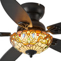 Tiffany Ceiling Fans with Lights - 48' Ceiling Fan Chandelier with 5 Dual-Blades and Glass Shade, 6 Speeds and Reversible, Indoor and Outdoor, Retro Style