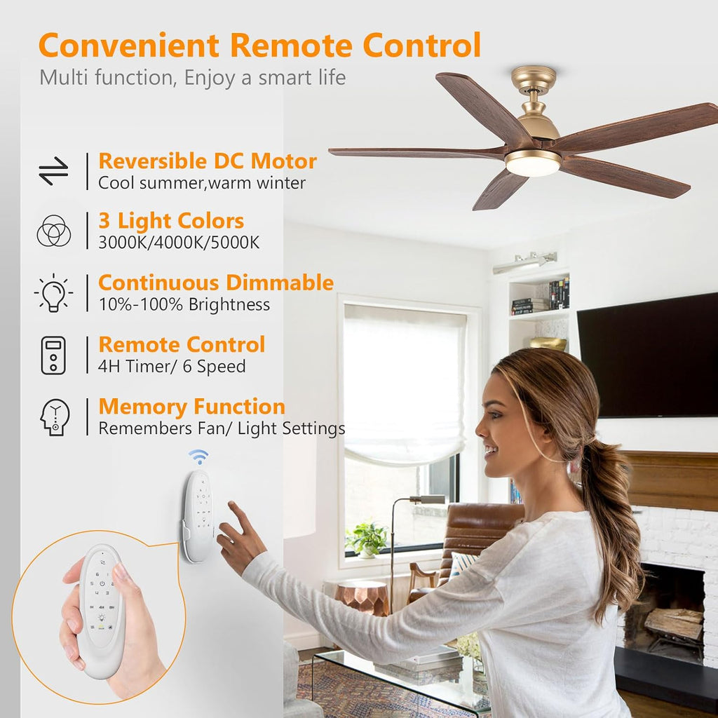 Ceiling Fans with Lights Remote Control, 60 Inch Gold Outdoor 5 Walnut Wood Blades Modern Ceiling Fan DC Reversible Motor for Patio Bedroom Living Room Farmhouse