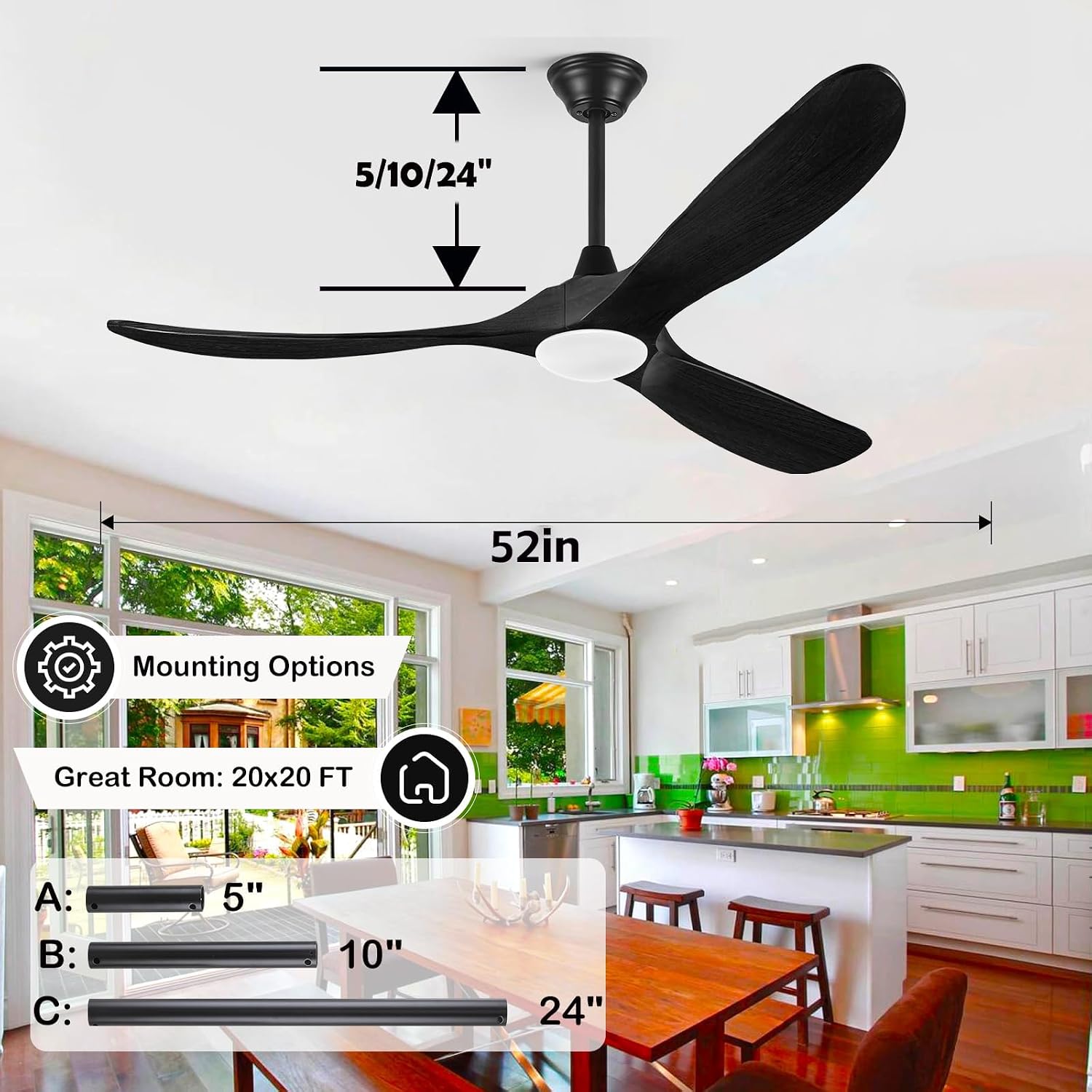 52 Inch Black Outdoor Ceiling Fans for Patios with Light, Modern Solid Wood Propeller Ceiling Fan with Remote, Energy Efficient Reversible Quiet Dc Motor for Bedroom Living Room Exterior