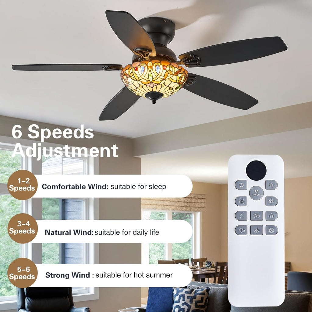 Tiffany Ceiling Fans with Lights - 48' Ceiling Fan Chandelier with 5 Dual-Blades and Glass Shade, 6 Speeds and Reversible, Indoor and Outdoor, Retro Style