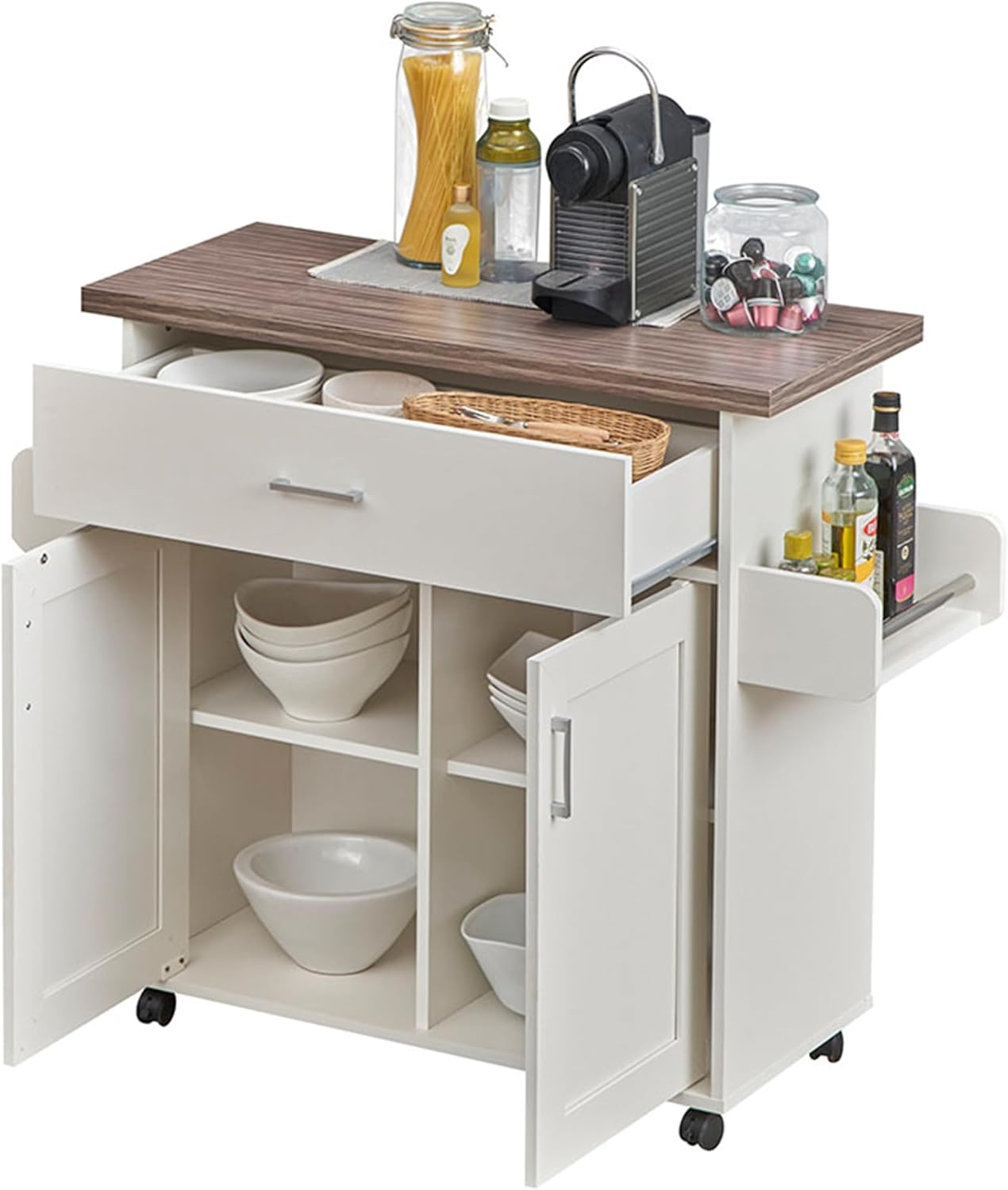 Deluxe Mobile Kitchen Island Cart with Water Resistant Top, Storage Cabinets, Adjustable Shelves, Spice Rack & Paper Towel Holder, Coffee Bar or Rolling Kitchen Cart with and Locking Wheels