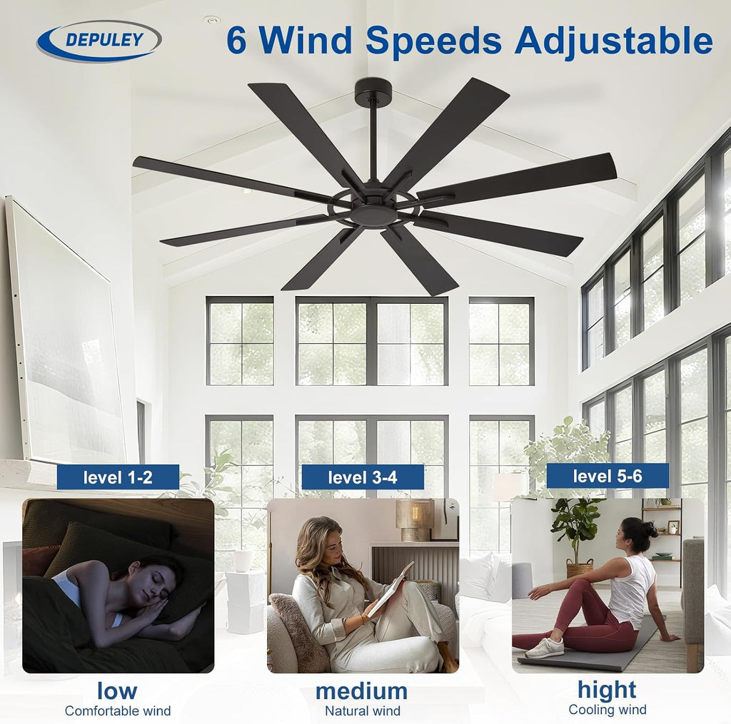Ceiling Fan Without Light: 72 Inch Big Indoor Outdoor Fan with Remote APP Control - Black Wood Grain Large Ceiling Fan no Light 8 Blade Reversible Quiet DC Motor Memory Function Timer