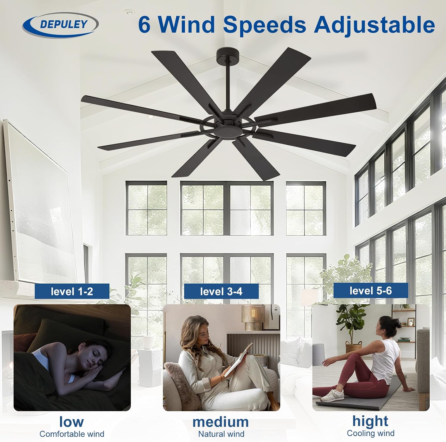 Ceiling Fan Without Light: 72 Inch Big Indoor Outdoor Fan with Remote APP Control - Black Wood Grain Large Ceiling Fan no Light 8 Blade Reversible Quiet DC Motor Memory Function Timer