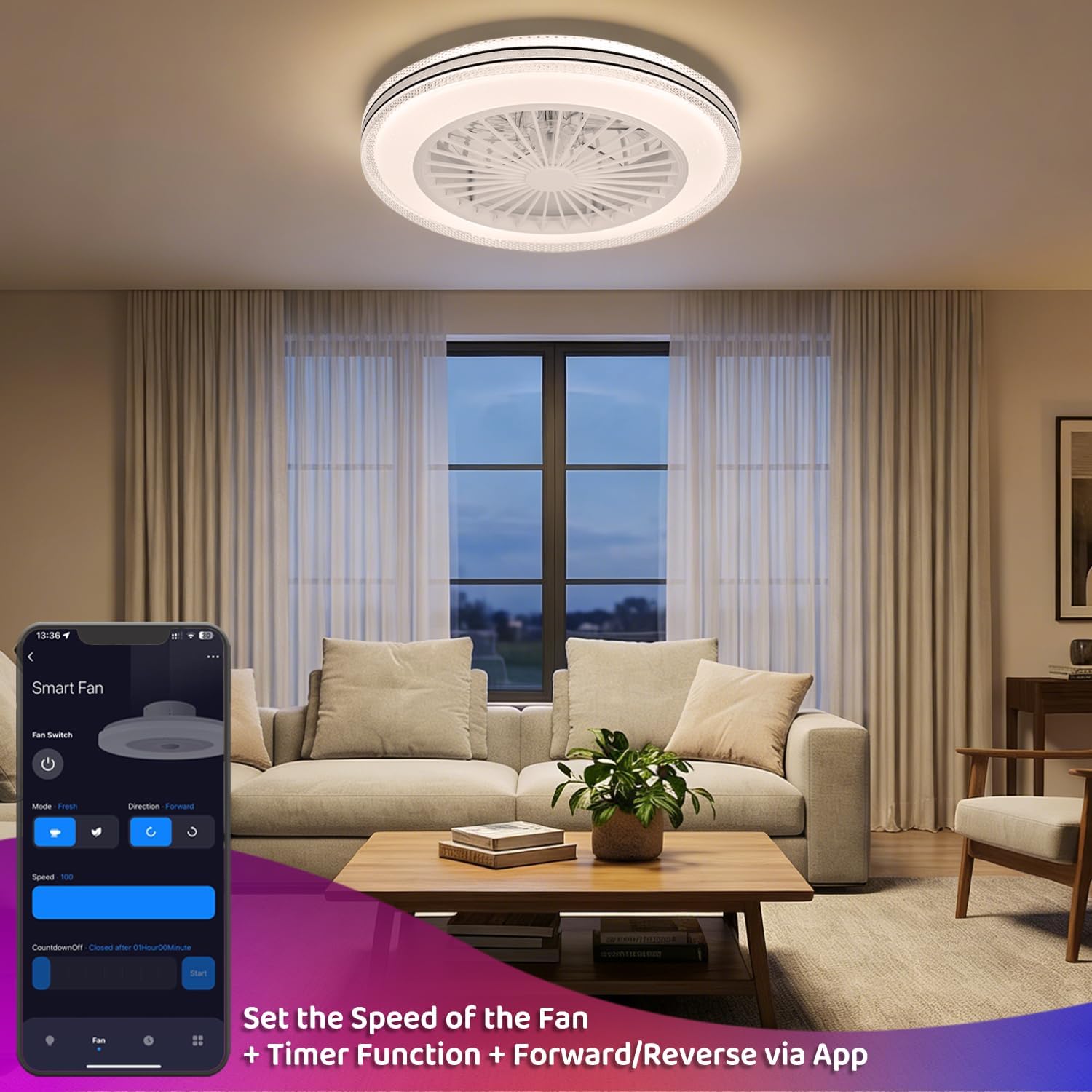 Ceiling Fans with Lights Fandelier Caged Low Profile Smart Ceiling Fan Light 2700K-6500K, Flush Mount Fan Light with Remote/APP Control for Bedroom Dining Area Garage (White+RGB)