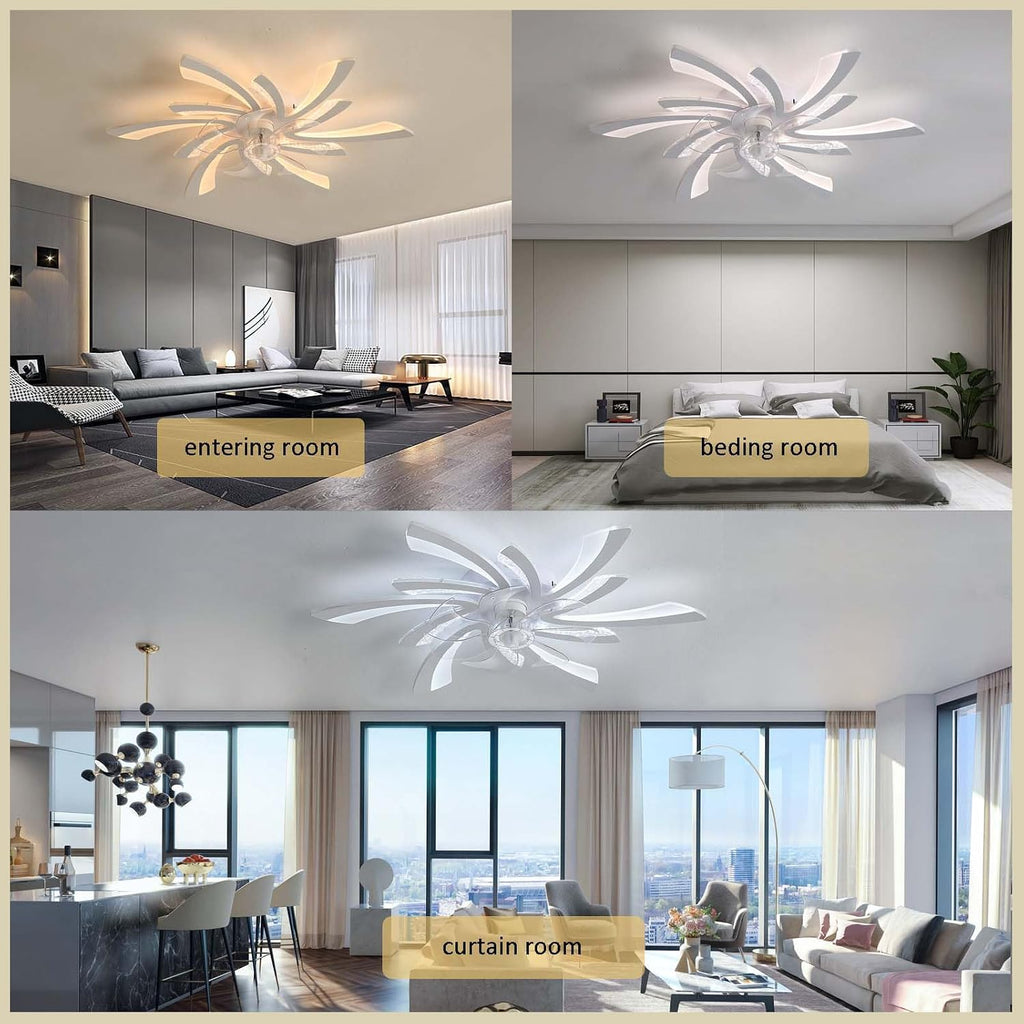 Modern Reversible Ceiling Fan with Dimmable LED Lights Smart Alexa & APP Control 6-Speed Remote Timer Stylish Black Flower Design for Living Room Bedroom (White)