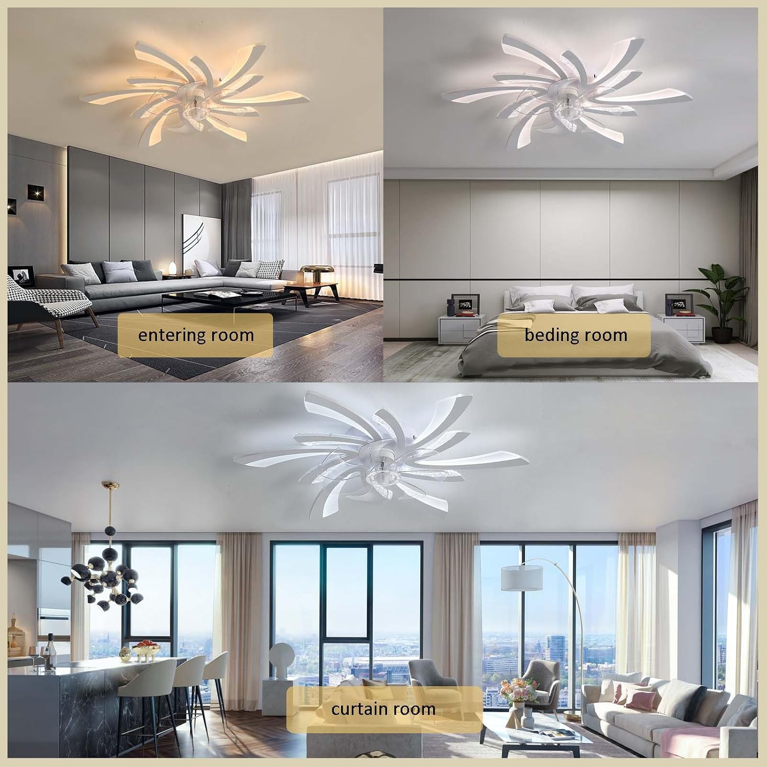Modern Reversible Ceiling Fan with Dimmable LED Lights Smart Alexa & APP Control 6-Speed Remote Timer Stylish Black Flower Design for Living Room Bedroom (White)