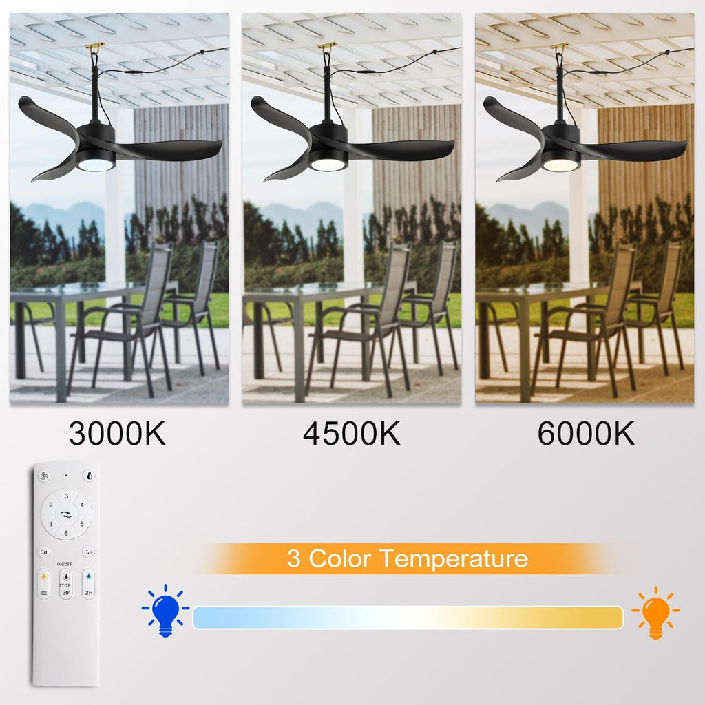 TIFEROR 42' Outdoor Ceiling Fan with Light and Remote, IP65 Waterproof Ceiling Fan for patios, Plug In with Hanging and Hook, 3-Colors LED, Lighting for Pergola, Canopy, Porch, Gazebo