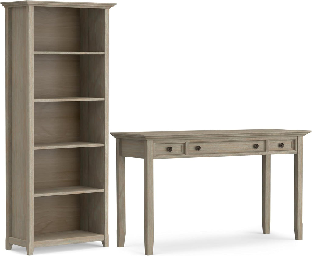SIMPLIHOME Amherst Desk and Bookcase Bundle - 54 inch Wide Solid Wood Desk with Drawers and 30 inch Wide 5-Shelf Bookcase in Distressed Grey, Transitional Home Office Furniture (Set of 2)
