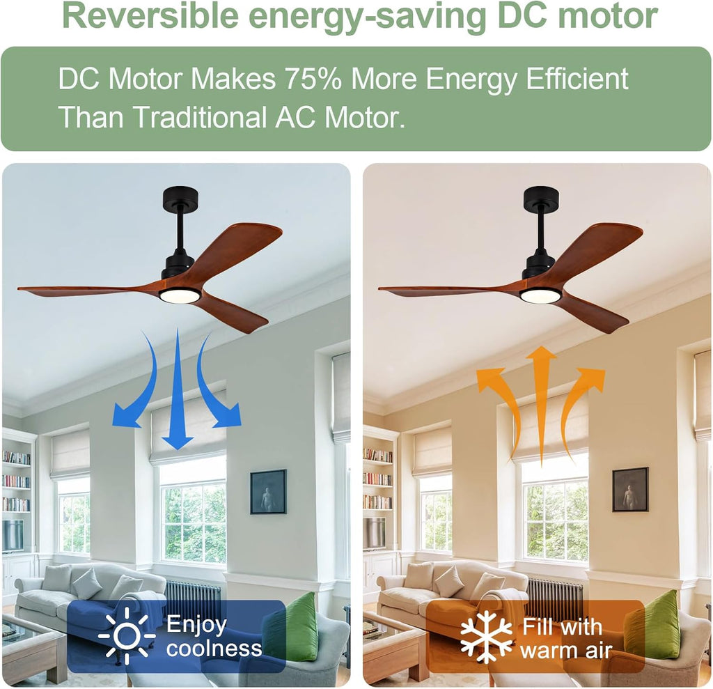 ZVL 60 Inch Ceiling Fans with Lights and Remote Control, Solid Wood Blades, 6 Speed Reversible DC Motor, Dimmable, Timer, Indoor Outdoor Ceiling Fan for Bedroom Living Room Patios