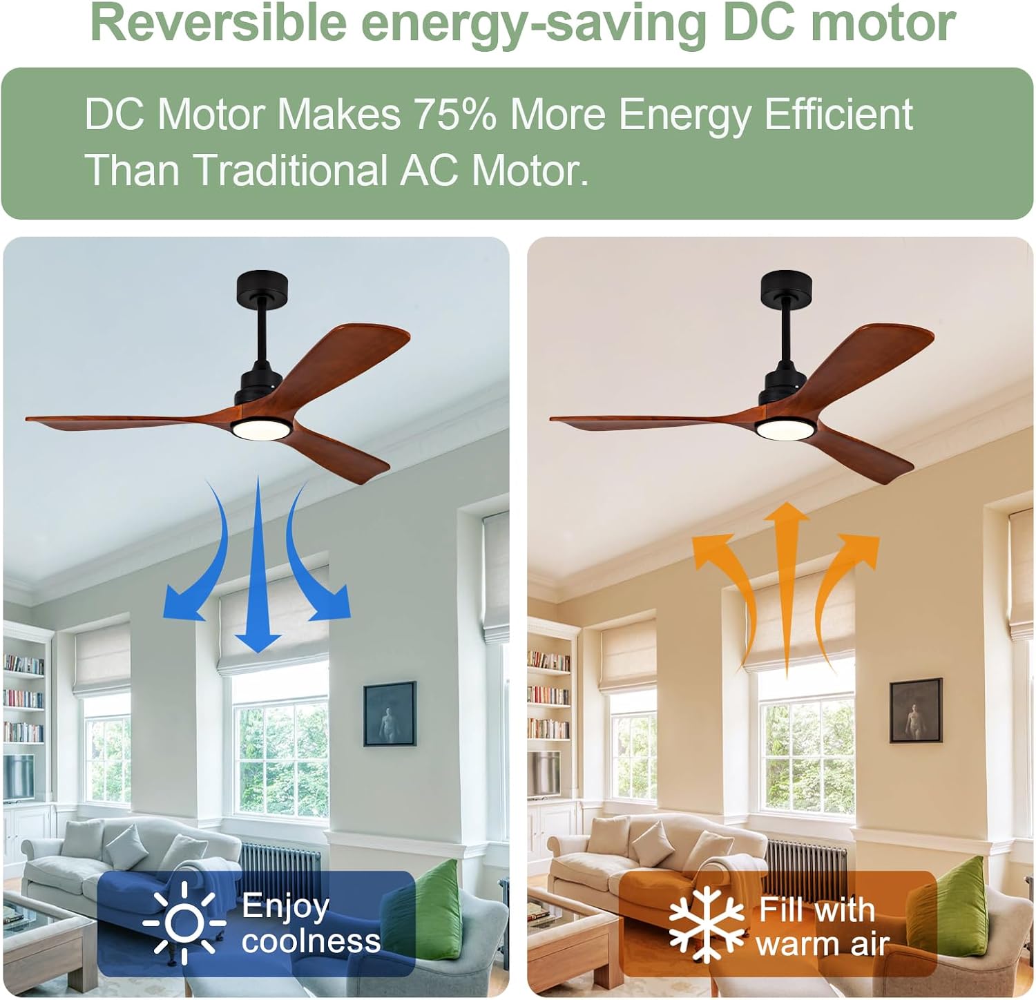 ZVL 60 Inch Ceiling Fans with Lights and Remote Control, Solid Wood Blades, 6 Speed Reversible DC Motor, Dimmable, Timer, Indoor Outdoor Ceiling Fan for Bedroom Living Room Patios