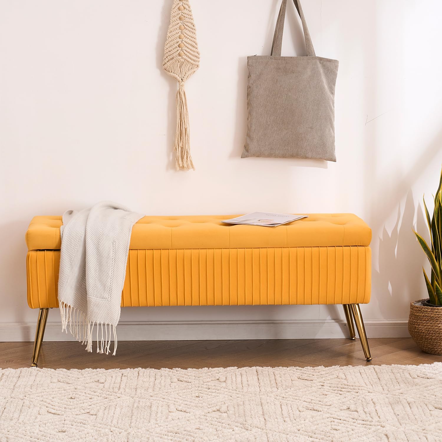 Velvet Storage Bench for Bedroom, Upholstered End of Bed Bench Modern Tufted Ottoman with Gold Legs for Living Room/Window/Entryway (Mustard Yellow, Rectangle-45.5' W)