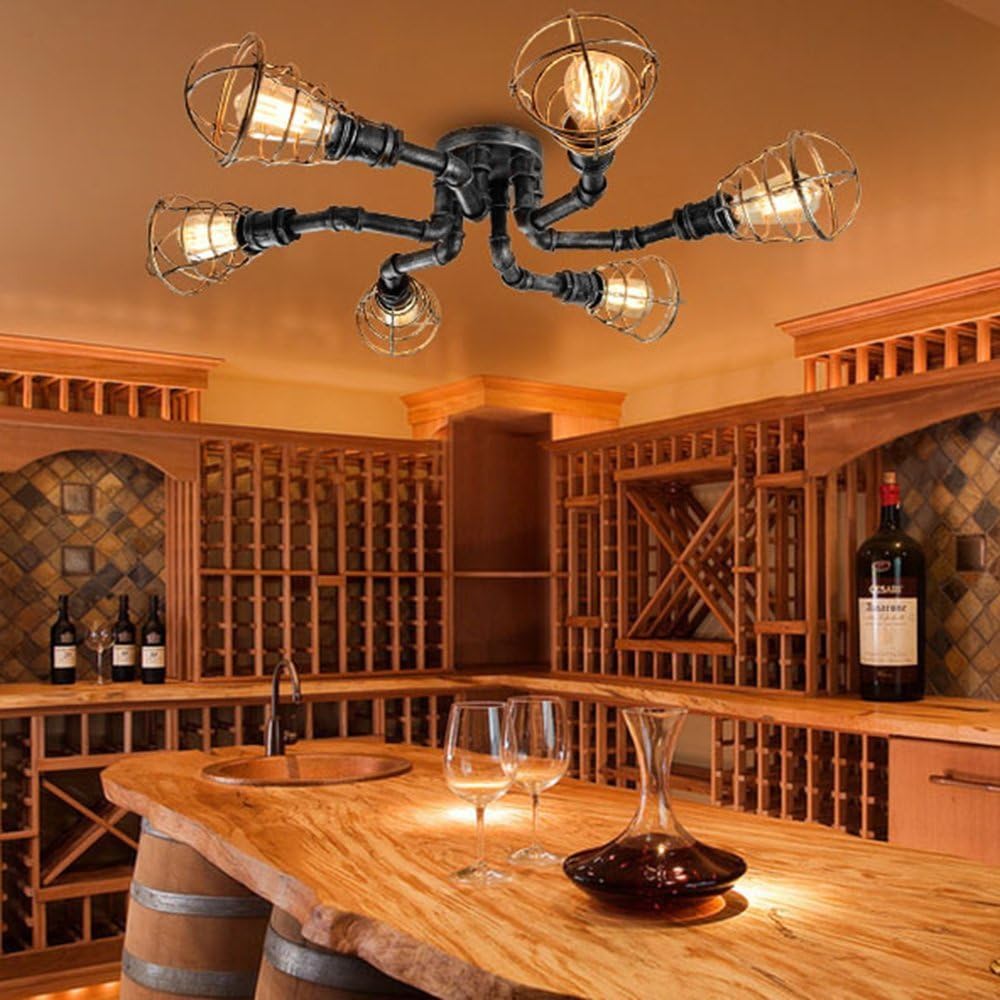6 Lights Industrial Cage Pipe Pendant Light-LITFAD Retro Rustic Iron Black Metal Vintage Hanging Pendant Lamp Edison Ceiling Chandelier Semi-Flush Fixtures