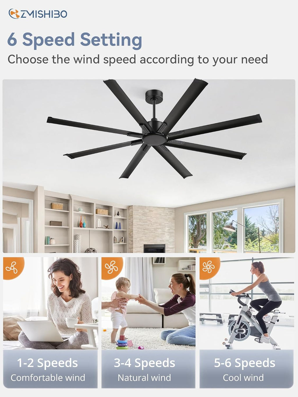 ZMISHIBO 72 Inch Ceiling Fan No Light, Large Black Ceiling Fan with Remote, Quiet DC Motor, and 6 Speeds, Indoor/Outdoor Industrial Ceiling Fans 8 Aluminum Blades for Patio, Garage, Shop, Black