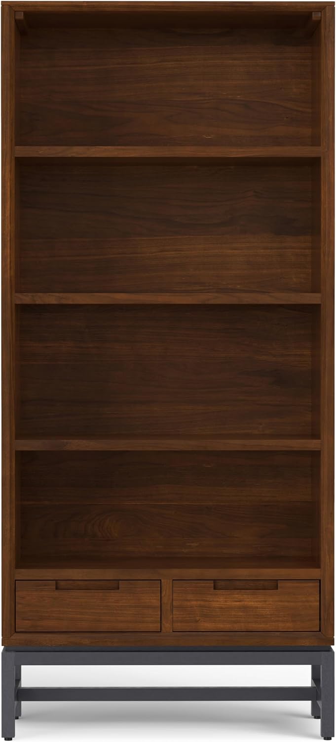 SIMPLIHOME Banting Desk and Bookcase Bundle - 72 inch Wide Solid Wood Desk with Drawers and 30 inch Wide 4-Shelf Bookcase in Walnut, Modern Industrial Home Office Furniture (Set of 2)