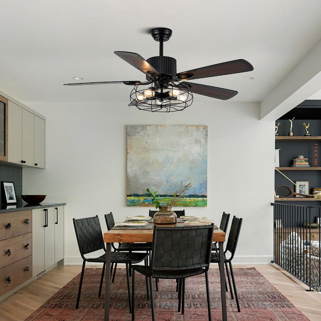 NA 52'' Retro Industrial Ceiling Fan with Iron Cage, Remote Control&Pull Chains, 5 Wood Reversible Blades, Vintage Pendant Light Fan for Bedroom/Living room/Dining room Black