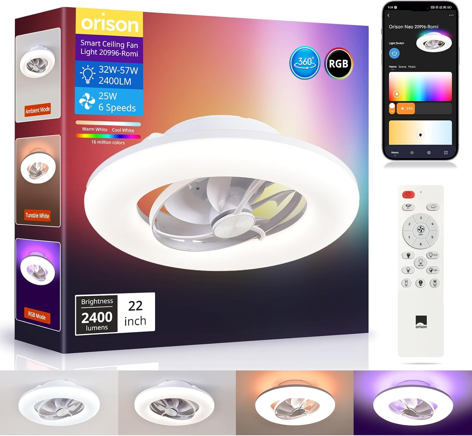 Orison 22' 360° Oscillating Ceiling Fan with Light, Rotating Low Profile Flush Mount Ceiling Fan, Smart RGB Ceiling Fans, Alexa&Google Compatible, Dimmable LED, APP/Remote, Modern for Bedroom, White
