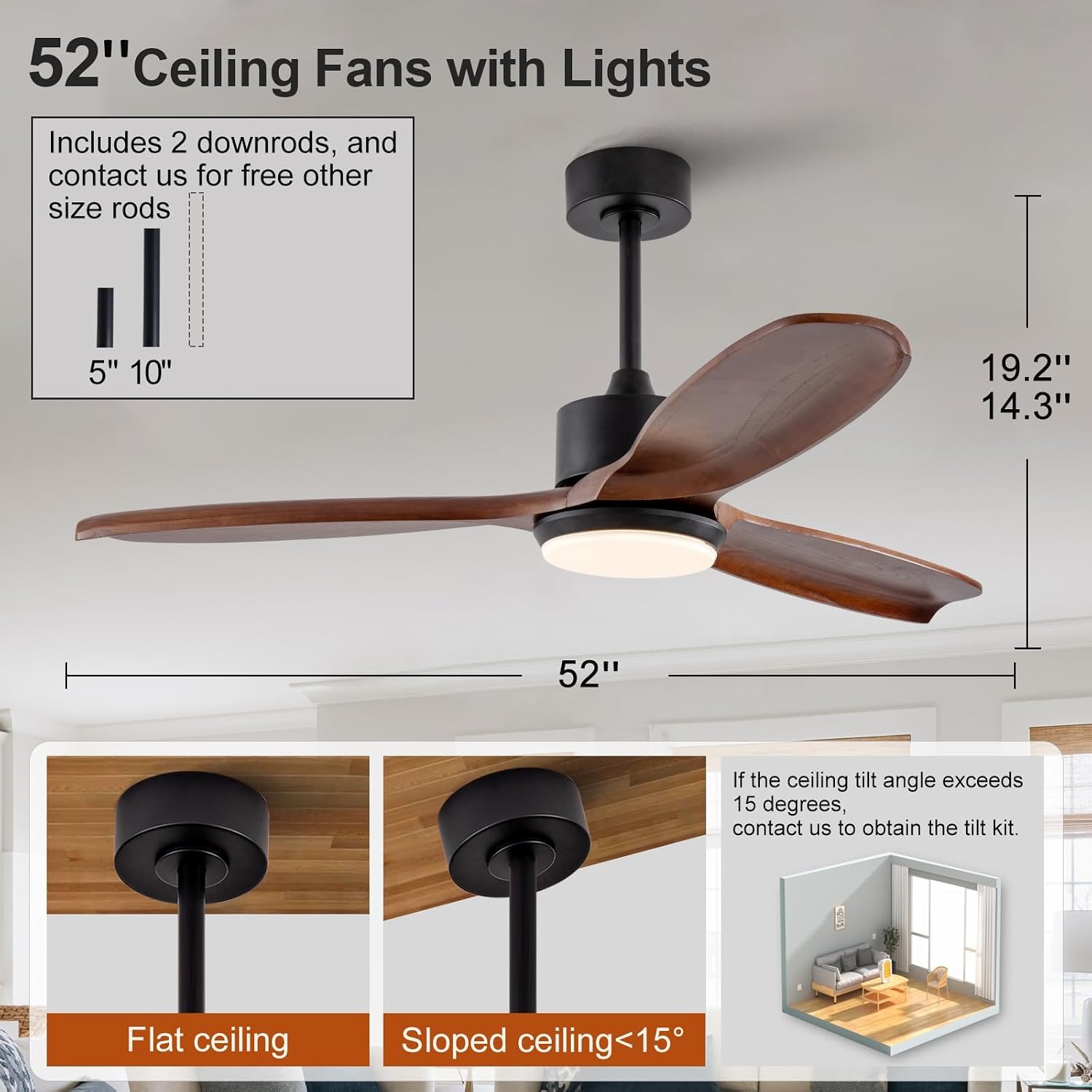 KBZZ 52 Inch Ceiling Fans with Lights and Remote, Solid Wood Blades, Dimmable, Reversible DC Motor, Memory Function, Modern Indoor Outdoor Ceiling Fan with Light for Patio Bedroom (Black Walnut)