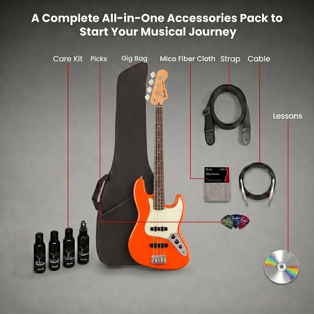 Fender Player II Jazz Bass - Rallye Orange Bundle with Gig Bag, Strap, Instrument Cable, Picks, Guitar Cleaning Kit, and Austin Bazaar Instructional DVD