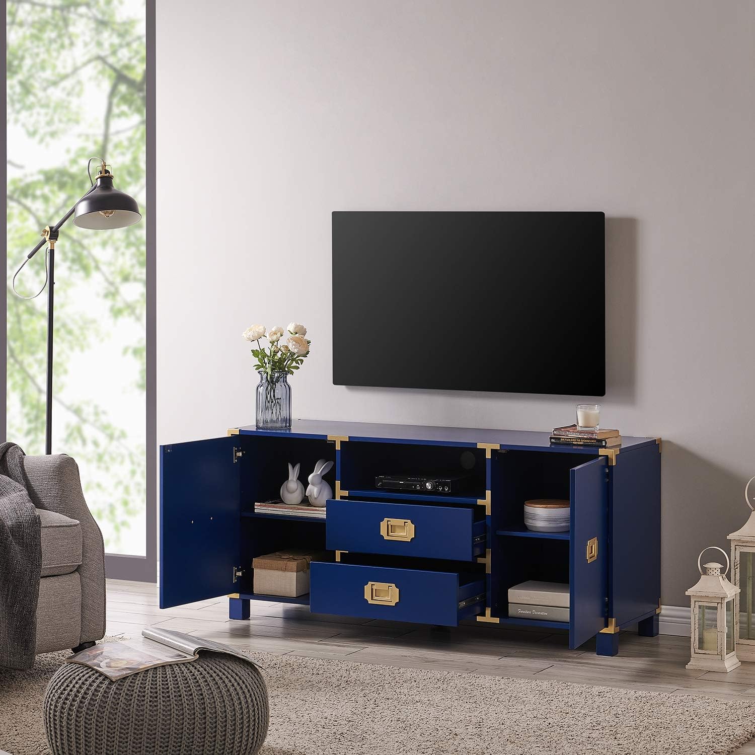 SEI Furniture - Campaign Entertainment Center Console - Navy - Transitional Design, Blue Finish - Ideal for Living Room, Family Room (MS3212)