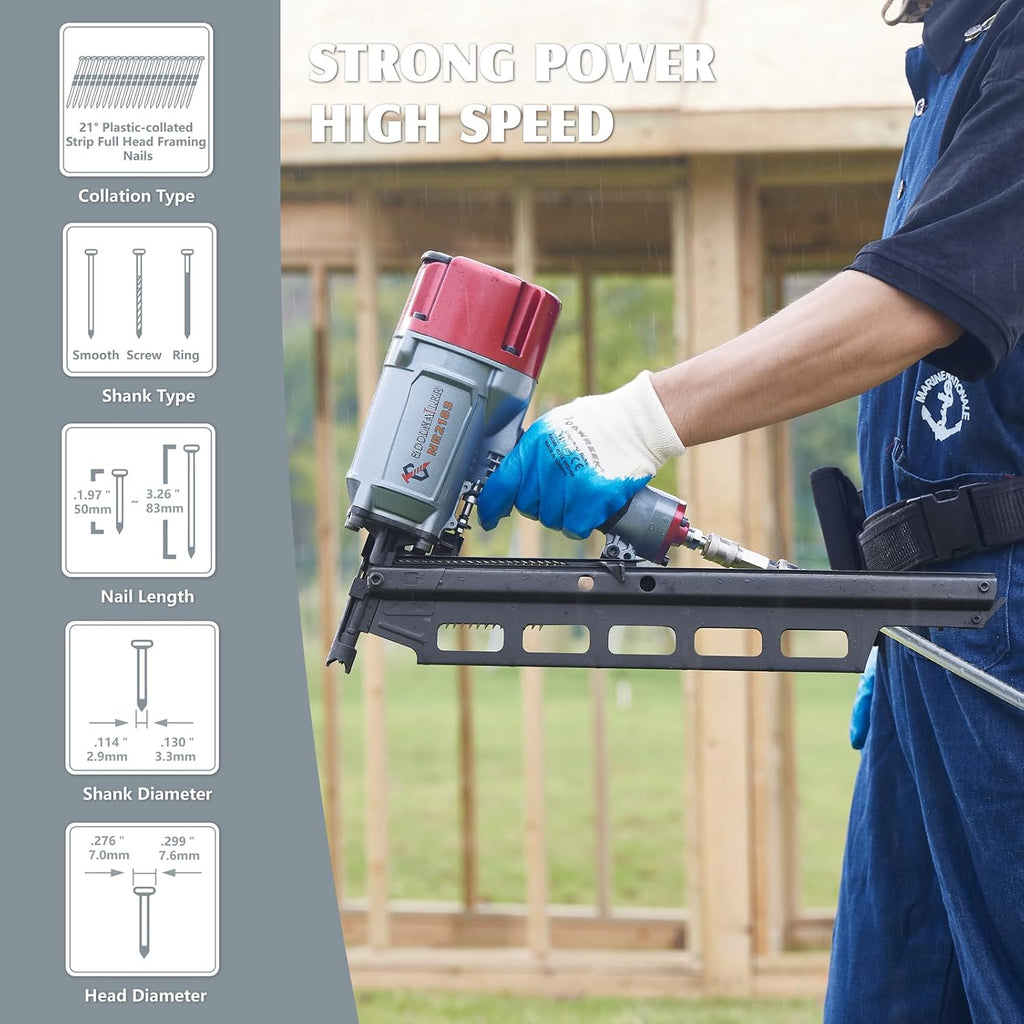 NR2183 Framing nailer 21 Degree Plastic Strip Nailer 2-Inch up to 3-1/4-Inch Plastic Collated Full Head Framing Nails Steel Magazine Light Weight Fast Speed