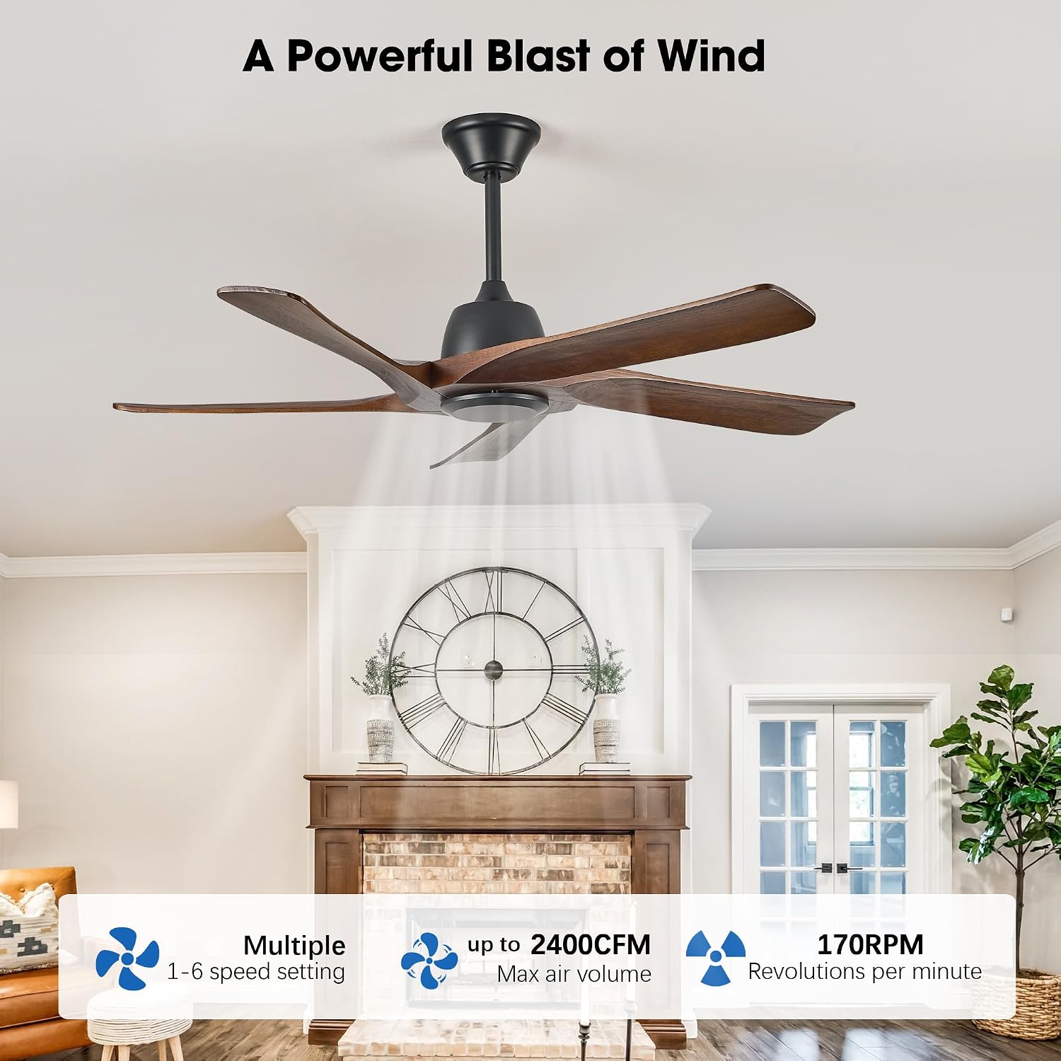 52 Inch Solid Wood Ceiling Fan No Lights, Remote and APP Control, DC Motor, 6-speed Reversible, for Bedroom, Living Room, Office, Dark Walnut