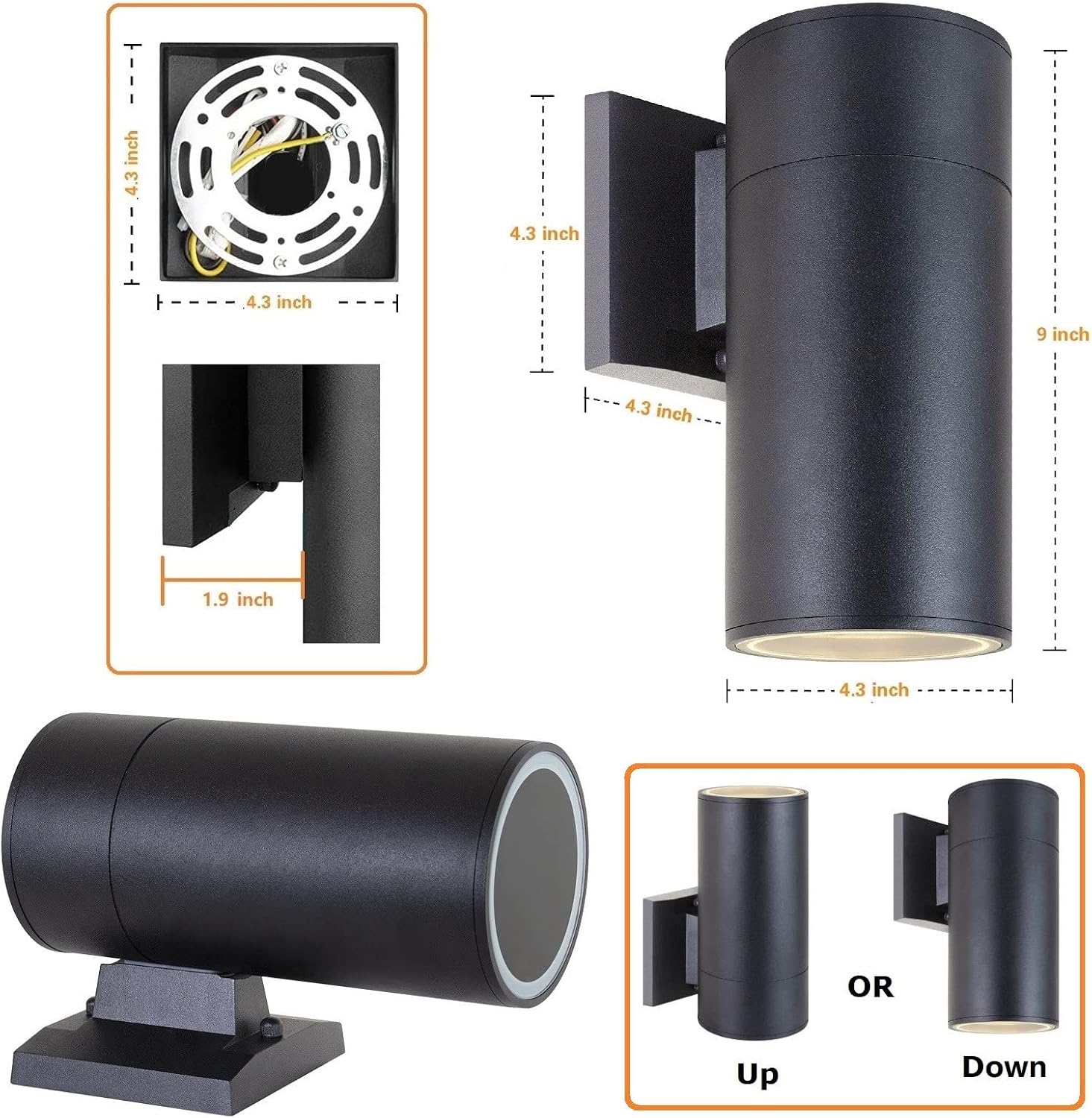 Outdoor Wall Light, Exterior Lighting - ETL Listed, Die-cast Aluminum Anti-Rust Waterproof Wall Mount Cylinder Design – 1-Direction Up or Down Light Fixture for Porch, Garage or Patio (3 Pack)