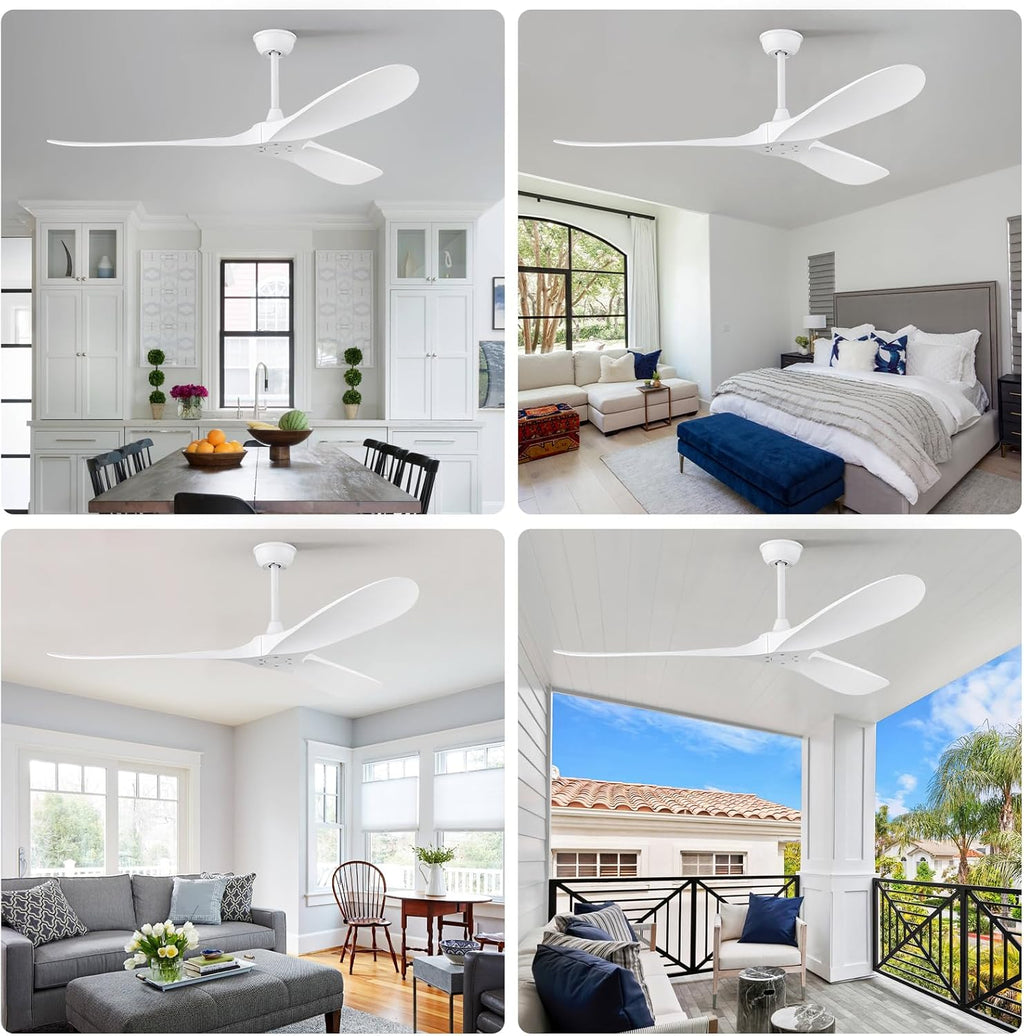 60'' Ceiling Fan No Light with Remote Control,Outdoor Ceiling Fan with DC Reversible and Silent Motor,3 Plastic Blades,Modern White Fan for Patios,Living Room,Bedroom