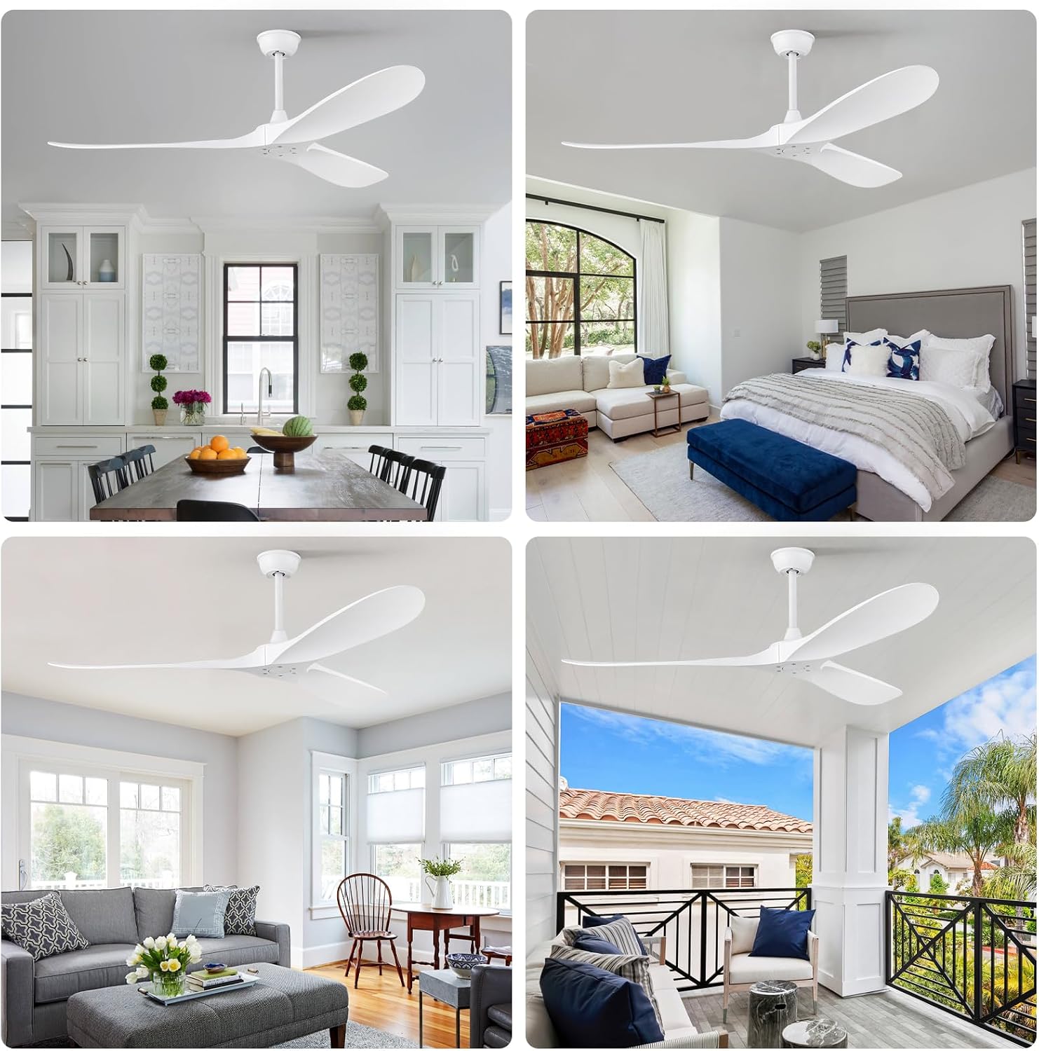 60'' Ceiling Fan No Light with Remote Control,Outdoor Ceiling Fan with DC Reversible and Silent Motor,3 Plastic Blades,Modern White Fan for Patios,Living Room,Bedroom