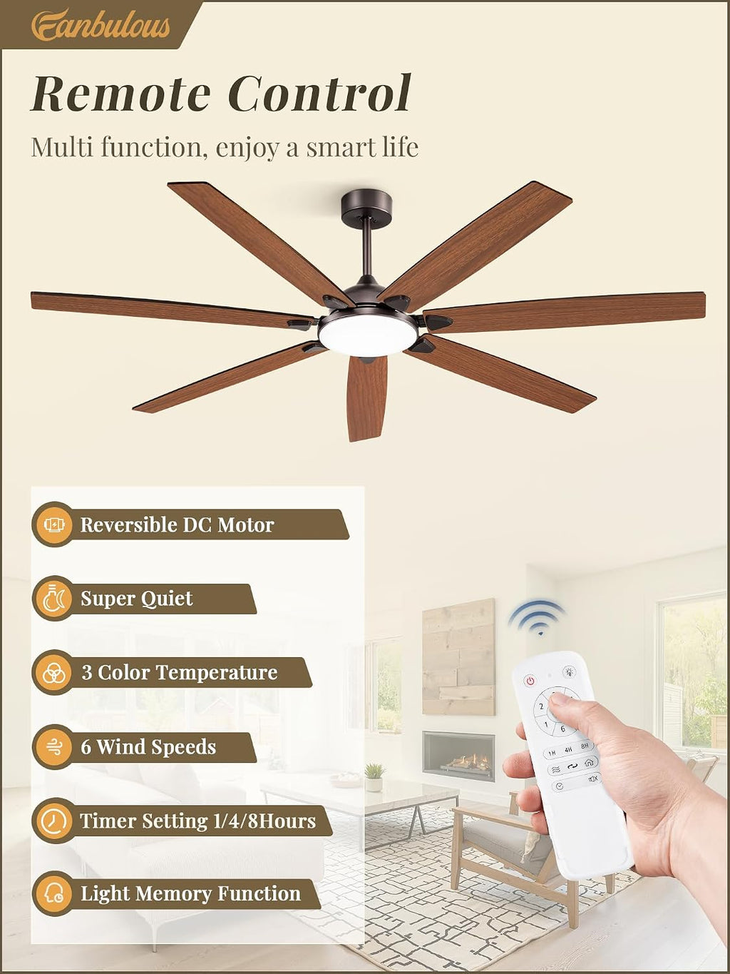 Fanbulous 72 Inch Large Ceiling Fans with Lights,Oil Bronze Modern Ceiling Fan with Quiet DC Motor, 3CCT, Indoor/Outdoor Ceiling Fan with Dual Finish Reversible 7 Blades, Timer for Living Room, Patio