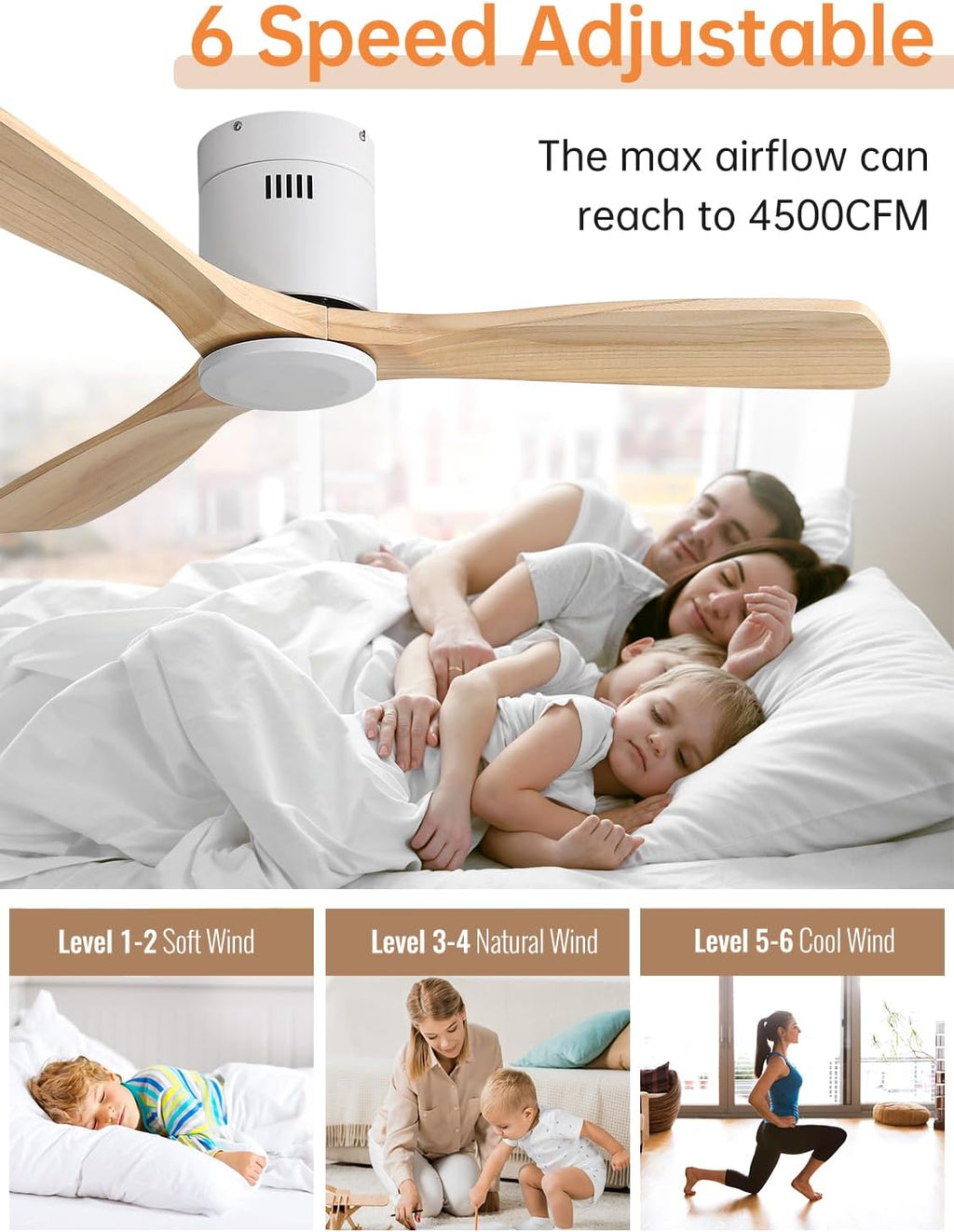 Sofucor Ceiling Fan without Lights, 52 Inch Low Profile Flush Mount Mordern Wood Ceiling Fan with Remote for Indoor Farmhouse Bedroom Living Room Outdoor Patio Porch, Reversible DC Motor, Noiseless